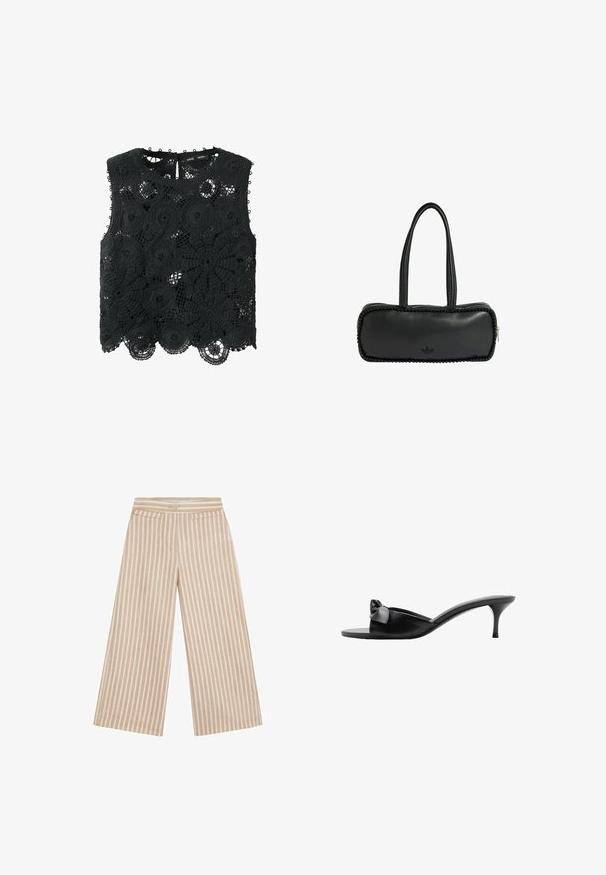 Musta hihaton virkattu pitsi crop top kukkakuviolla ja aaltoilevilla helmillä, jossa pieni takana oleva avainreikä-napitus.; Beige-valkoiset pystysuora raidalliset leveälahkeiset housut, joissa etunappi, piilovetoketju ja kaksi etutaskua läpällä.; Mustat nahkakengät, joissa on solkivetoketju, avoin varvas ja ohut korkea korko. Silkkinen pinta ja minimalistinen muotoilu.; Musta suorakaiteen muotoinen käsilaukku, jossa pitkät kahdet kahvat, helmikoristelu reunoilla ja pieni Adidas-logo keskellä alhaalla.