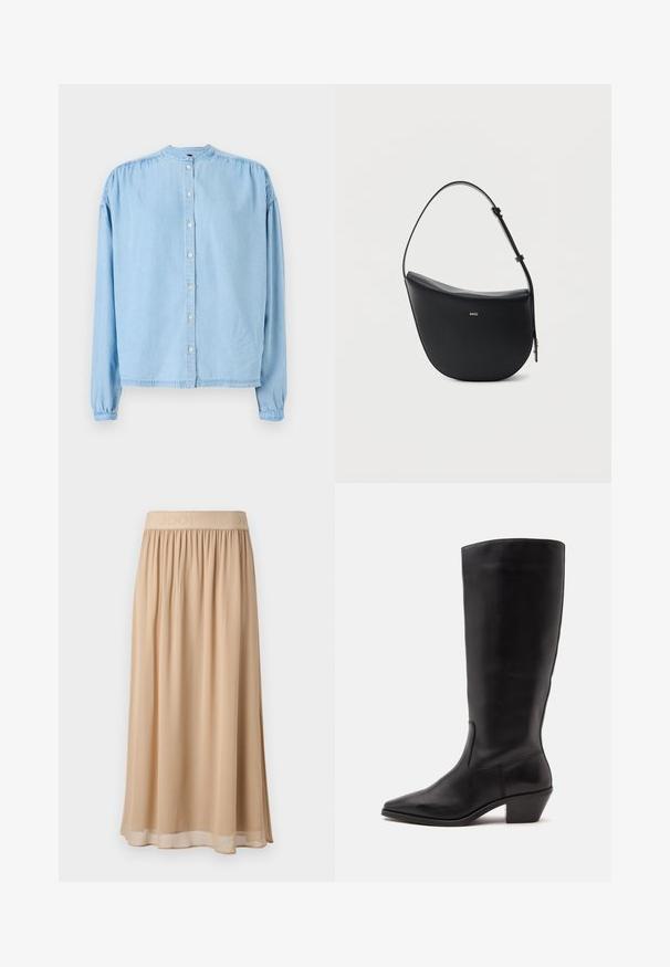 Lichtblauw, langarm shirt met knopen van zachte denim, met een ronde halslijn, geplooide schouders en een rechte snit.; Beige midi-rok met een brede elastische tailleband waarop de merknaam staat. Zacht, vloeiend materiaal met een gladde textuur en een eenvoudig ontwerp.; Zwarte leren laars tot half op de kuit met een puntige neus en een lage schuine hak op een effen lichte achtergrond.; Zwarte halfmaansvormige leren schoudertas met verstelbare riem en goudkleurig "BOSS"-logo middenvoor.