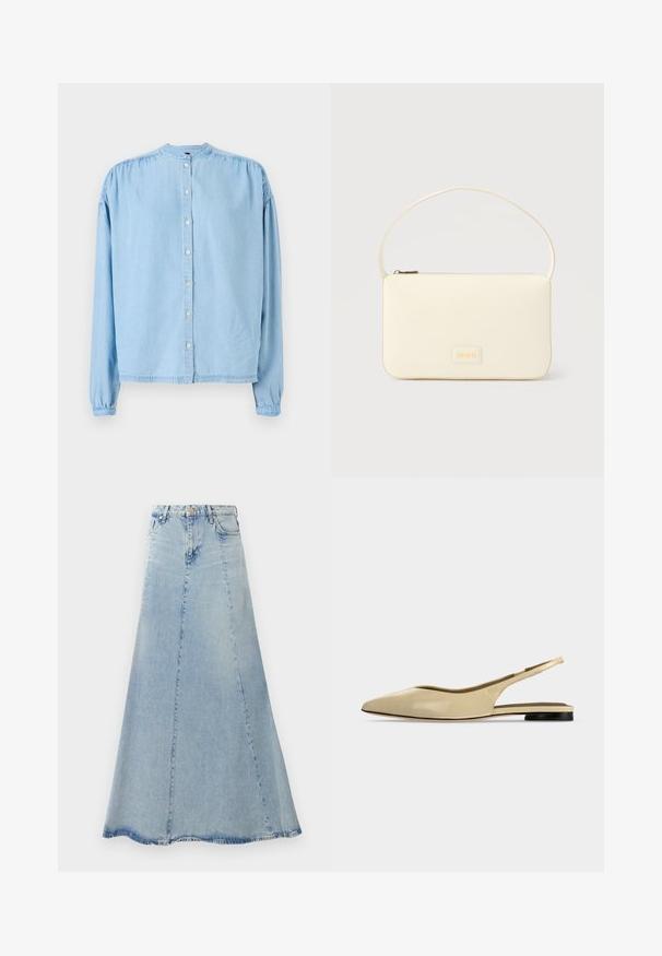 Hellblaues, langärmliges, knopfbares Hemd aus weichem Denim, mit rundem Halsausschnitt, gerafften Schultern und gerader Schnittführung.; Helle blaue Denim-Rock mit ausgestellter A-Linien-Form, ausgestattet mit einer Frontknopfschließe, Gürtelschlaufen und sichtbaren Nähdetails.; Beiger Slingback-Ballerina mit spitzer Kappe, niedrigem schwarzem Absatz und glattem Lederfinish, seitlich auf einfarbigem Hintergrund gezeigt.; Rechteckige Handtasche in Cremefarbe mit einem einzelnen Trageriemen und Reißverschluss oben, ausgestattet mit einer kleinen, geprägten Logoplakette vorne.