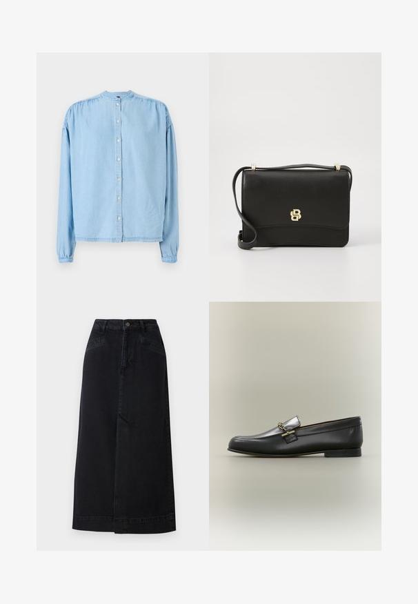 Lichtblauw, langarm shirt met knopen van zachte denim, met een ronde halslijn, geplooide schouders en een rechte snit.; Zwarte denim midi-rok met een rechte snit, knopen aan de voorkant en zijzakken met subtiele stikseldetails.; Zwarte leren loafer met zilveren bovenkant, gouden kettingdetail, lage hak en afgeronde neus op een neutrale achtergrond.; Zwarte leren schoudertas met een gladde structuur, met een gouden logo-accent en een lange verstelbare schouderband. Compacter rechthoekig ontwerp.