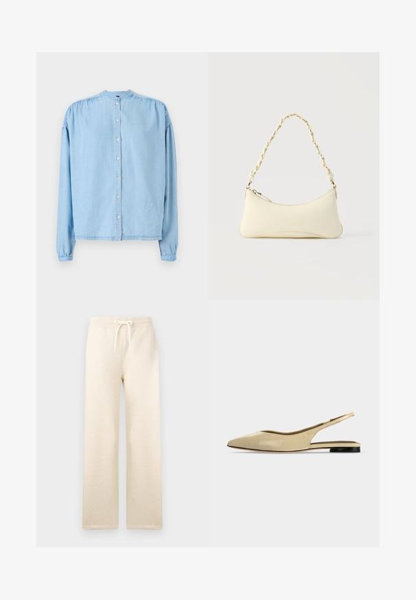 Chemise boutonnée à manches longues bleu clair en denim doux, avec un col rond, des épaules froncées et une coupe droite.; Pantalons de survêtement de couleur crème en tissu doux, dotés d'une taille élastique avec un cordon de serrage, jambes larges et sans motifs visibles.; Chaussure plate beige à bout pointu avec bride arrière, petit talon noir et finition en cuir lisse, vue de côté sur un fond uni.; Petit sac à main couleur crème avec une forme incurvée et une poignée en chaîne torsadée ton or, fermeture éclair sur le dessus
