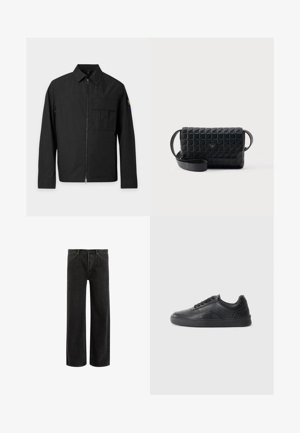 Schwarze langärmelige Jacke mit Frontreißverschluss, spitzem Kragen und großer Klappentasche auf der linken Brust vor einfarbigem Hintergrund.; Schwarze, weit geschnittene Jeans aus Denim mit hoher Taille, im klassischen Fünf-Taschen-Design und subtilem Verblassen für eine strukturierte Optik.; Schwarze Leder-Sneaker mit glatter Oberfläche, abgerundeter Zehenpartie, strukturiertem Seitenpaneel und schwarzen Schnürsenkeln. Verfügt über eine flache Gummisohle und ein minimalistisches Design.; Schwarze, strukturierte Umhängetasche mit Klappverschluss und kleinem Metalllogo auf der Vorderseite, vor einem schlichten Hintergrund präsentiert.