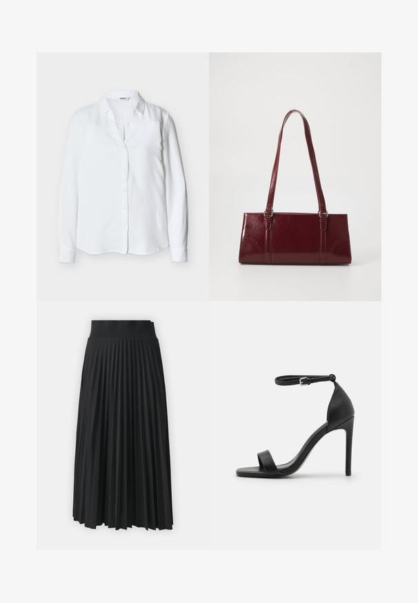 Blouse blanche à manches longues pour femmes avec col et boutons sur le devant, réalisée en tissu lisse, présentée sur un fond uni.; Jupe plissée noire avec une large ceinture, présentant des plis verticaux uniformes. Texture lisse avec un design fluide.; Sandale noire à talons hauts au design épuré, avec une bride au niveau de la cheville, un bout ouvert et une texture en cuir lisse.; Sac à main bordeaux en matériau brillant, de forme rectangulaire, avec deux anses et des accents légèrement courbés à l'avant.