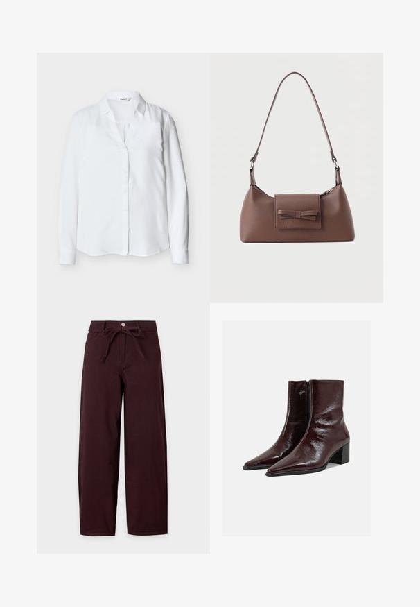 Witte lange mouwen damesblouse met kraag en knopen aan de voorkant, gemaakt van gladde stof, getoond op een effen achtergrond.; Hoog getailleerde wijde broek in donker bordeaux met knopen aan de voorkant, rits, zijzakken en bijpassende stoffen riem die in een strik in de taille is gebonden.; Glinsterende donkerbruine leren enkellaarzen met puntige neuzen, een zijrits en blokhakken op een effen lichtgrijze achtergrond.; Bruine leren schoudertas met een voorvak met klep en een gestikte strikdetail en een verstelbare band.