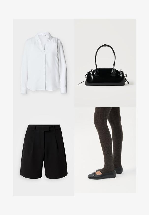 Witte lange mouwen damesblouse met kraag en knopen aan de voorkant, gemaakt van gladde stof, getoond op een effen achtergrond.; Zwarte op maat gemaakte shorts, gemaakt van een gladde stof, met een hoge taille, plooien, ceintuurlussen en zijzakken, met een strakke afwerking.; Benen met donkere geribbelde leggings gecombineerd met zwarte ballerina's met kleine strikdetails op een witte achtergrond.; Kleine zwarte glanzende handtas met twee lange hengsels en zijkant trekkoord details op een effen lichte achtergrond.