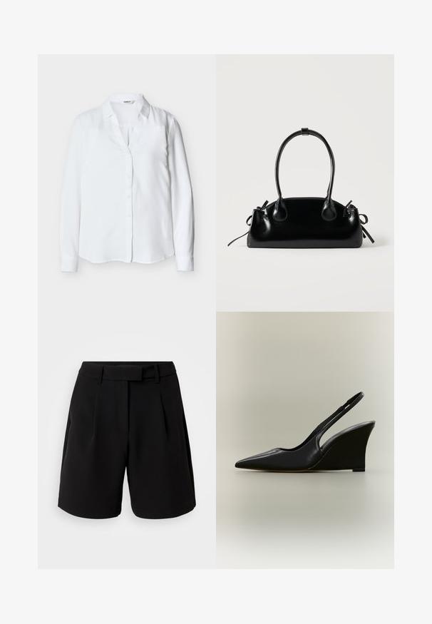 Blouse blanche à manches longues pour femmes avec col et boutons sur le devant, réalisée en tissu lisse, présentée sur un fond uni.; Shorts noirs ajustés, en tissu lisse, avec une taille haute, des plis, des passants de ceinture et des poches latérales, au design épuré.; Chaussure slingback en cuir noir avec bout pointu et talon compensé haut sur fond neutre.; Petit sac à main noir brillant avec deux longues anses et des détails à cordon sur les côtés sur un fond clair uni.
