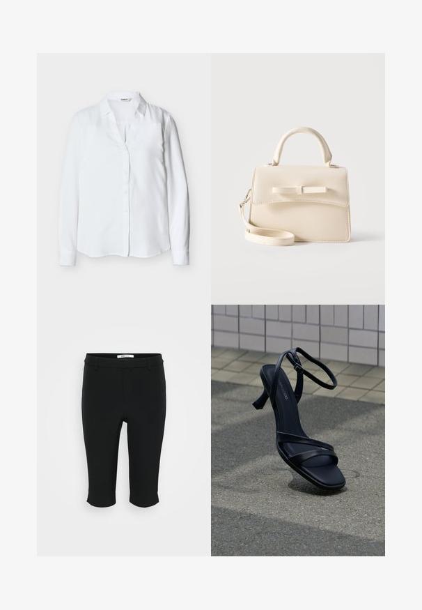 Blouse blanche à manches longues pour femmes avec col et boutons sur le devant, réalisée en tissu lisse, présentée sur un fond uni.; Pantalons capri noirs en tissu lisse. Dotés d'un devant plat avec passants de ceinture et d'un ourlet coupé. Design simple sans motifs visibles.; Sandale noire à talon haut avec lanières et boucle à la cheville, flottant au-dessus d'un sol gris texturé avec un mur carrelé en arrière-plan.; Petit sac à main beige avec poignée supérieure, bandoulière amovible, rabat avant et nœud horizontal décoratif sur un fond uni.