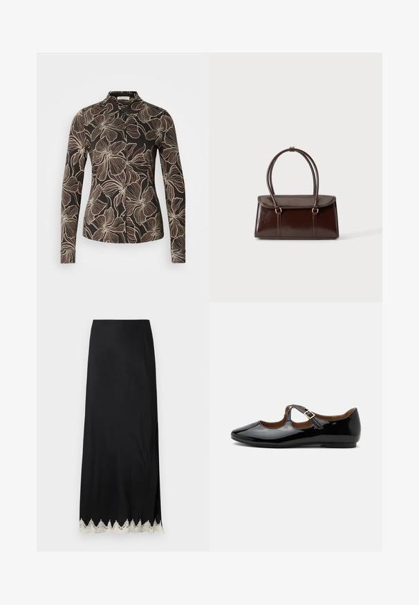 Chemise noire avec un motif floral crème. Manches longues, boutonnage devant et col structuré. Texture de tissu lisse.; Jupe longue noire en tissu lisse avec une fente haute et une bordure en dentelle blanche complexe à l'ourlet, présentant une coupe droite et un design minimaliste.; Chaussure plate Mary Jane en cuir verni noir avec deux découpes et une bride à boucle dorée sur fond blanc.; Sac à main en cuir brillant marron foncé avec un corps rectangulaire structuré et deux longues anses arrondies sur un fond clair uni.