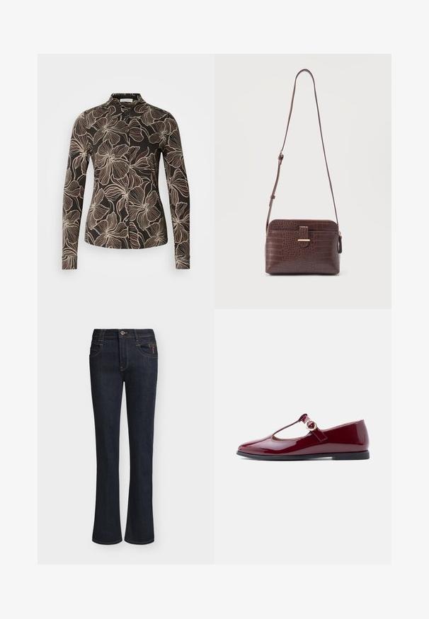 Zwarte shirt met een bloemmotief in crème. Lange mouwen, knoopsluiting aan de voorkant en een gestructureerde kraag. Glad stoffen textuur.; Donkerblauwe denim jeans met licht uitlopende pijpen, vooraan knoop- en ritsluiting, voorzakken en zichtbare stikseldetails.; Dieprode lakleren Mary Jane ballerina met een uitgesneden ontwerp en een gouden gespdetail op het bandje, voorzien van een lage zwarte zool.; Bruine leren schoudertas met krokodillenprint, verstelbare band en voorvak met gesp tegen een effen achtergrond.
