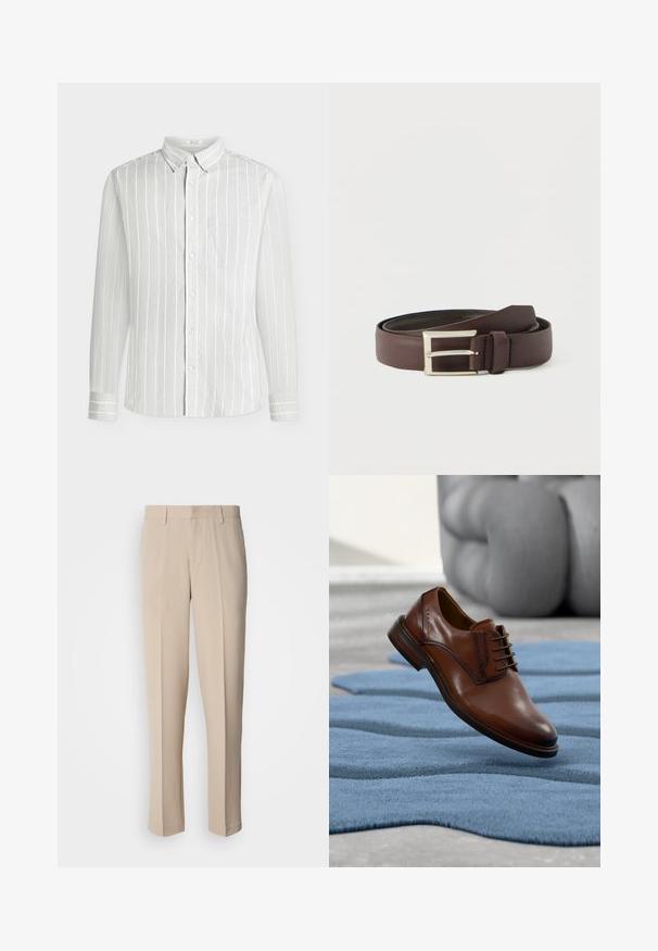 Chemise blanche à manches longues avec des rayures verticales gris clair et une poche poitrine unique, présentée sur un fond uni.; Pantalon beige sur mesure avec une coupe droite, fabriqué dans un tissu lisse. Il présente un devant plat et une ceinture standard avec passants pour ceinture.; Chaussure habillée en cuir marron avec lacets posée sur un tapis bleu texturé, avec un canapé gris flou en arrière-plan.; Ceinture en cuir marron avec une boucle métallique argentée, une texture lisse et un design simple sans motifs ni ornements visibles.