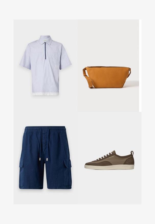 Korte mouwen overhemd met kraag in lichtblauw stof, met een rits aan de voorkant, twee borstzakken en een witte kanten rand langs de onderkant.; Marineblauwe cargoshorts van lichtgewicht stof, met een elastische tailleband en trekkoord, twee zijzakken en één beenzak.; Lage bruine sneaker met witte veters, beige zool, bovenwerk van stof en suède, zijlus en "Tiger of Sweden" logo in gouden tekst.; Lichtbruine leren crossbodytas met verstelbare band en ritssluiting, getoond tegen een effen lichte achtergrond.
