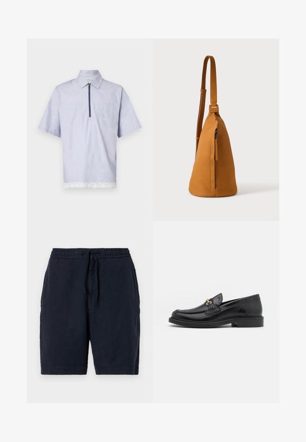 Kortærmet skjorte med krave i lyseblå stof, med en lynlås foran, to brystlommer og en hvid blondekant langs bunden.; Marineblå linned-shorts med elastisk talje og snøre, med en afslappet pasform og en let tekstureret overflade.; Sorte læder loafers med en rund tå, der har guld hardware accent og syningsdetaljer, placeret på en lav, tekstureret gummisål.; Tan læder crossbodytaske med justerbar rem og lodret lynlåslomme, vist fra siden mod en ensfarvet lys baggrund.
