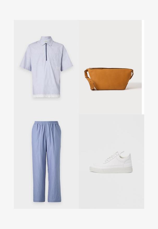 Chemise à col à manches courtes en tissu bleu clair, avec une fermeture éclair à l'avant, deux poches poitrine et une garniture en dentelle blanche le long du bas.; Pantalon bleu clair à coupe fluide avec une taille élastique, deux poches latérales et des jambes droites. Fabriqué en tissu doux avec une texture lisse.; Baskets en cuir blanc avec un embout arrondi, une semelle plate et un laçage à l'avant. Présentent des détails de couture et un col rembourré pour plus de confort.; Sac bandoulière en cuir marron clair avec sangle réglable et fermeture éclair, présenté sur un fond clair uni.