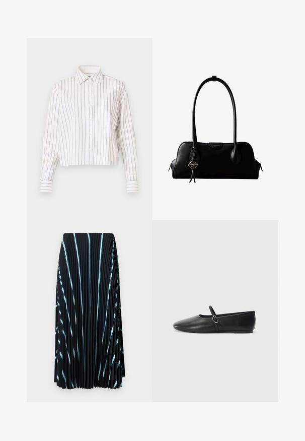 Gestreifte, knöpfbare Bluse in Weiß mit feinen braunen Streifen. Verfügt über einen spitzen Kragen, lange Ärmel und eine Brusttasche. Verkürzte Länge.; Schwarzer, plissierter Rock mit hellblauen diagonalen Streifen. Hergestellt aus leichtem, strukturiertem Stoff. Fällt bis zur Mitte der Wade und hat keine sichtbaren Verschlüsse.; Schwarze Leder-Ballettschuhe mit spitzem Schuhzeug, flacher Sohle und einem kleinen Riemen mit silberner Schnalle.; Schwarze Lederhandtasche von Calvin Klein mit langen Henkeln, einem vorderen Logo-Tag und einem silbernen geometrischen Anhänger, der an einem Henkel hängt.