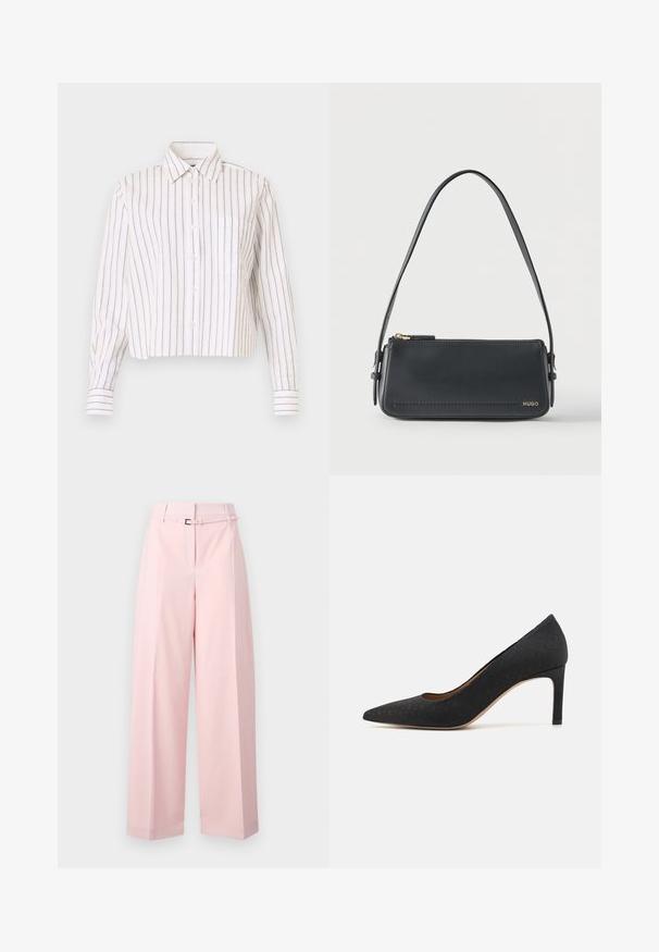 Camisa de botones a rayas en blanco con finas rayas marrones. Cuenta con un cuello puntiagudo, mangas largas y un bolsillo en el pecho. Longitud corta.; Pantalones de pierna ancha en rosa suave, con cintura alta, cinturón con hebilla plateada y pliegues sutiles para añadir estructura.; Zapato de tacón alto negro con puntera afilada, superficie texturizada, tacón delgado de 3 pulgadas y un forro interior suave, diseñado con una silueta clásica.; Bolso de hombro rectangular de cuero negro con cremallera dorada y pequeño logo dorado "HUGO" en el frente, con una correa ajustable con hebilla.