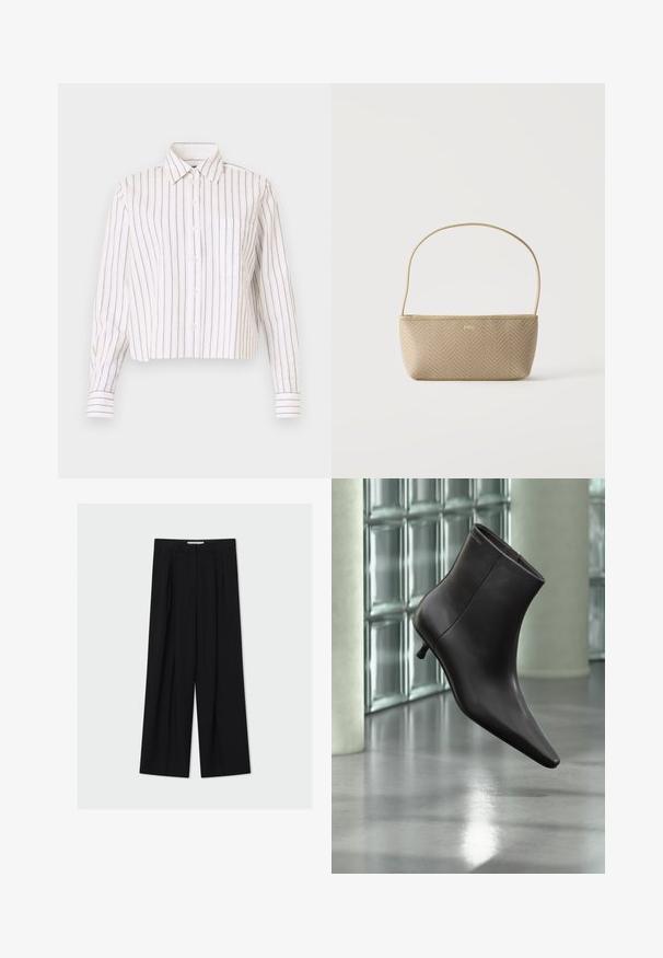Chemise rayée blanche avec de fines rayures brunes. Elle a un col pointu, des manches longues et une poche poitrine. Longueur courte.; Pantalon noir taille haute à jambes larges avec passants de ceinture et plis devant, présenté sur un fond gris clair.; Bottine en cuir noir avec bout pointu et petit talon, présentée devant un mur en blocs de verre et un sol poli.; Sac à main tissé beige avec fine bandoulière et petit logo doré "BOSS" à l'avant, présenté sur fond blanc uni.