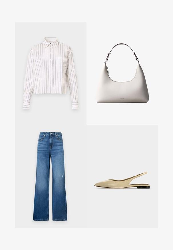 Gestreifte, knöpfbare Bluse in Weiß mit feinen braunen Streifen. Verfügt über einen spitzen Kragen, lange Ärmel und eine Brusttasche. Verkürzte Länge.; Weite blaue Denim-Jeans mit einem leichten Verblassen, ausgestattet mit fünf Taschen und einem Standardbund mit Knopfverschluss. Sanfte Textur.; Beiger Slingback-Ballerina mit spitzer Kappe, niedrigem schwarzem Absatz und glattem Lederfinish, seitlich auf einfarbigem Hintergrund gezeigt.; Cremefarbene Calvin Klein Lederschultertasche mit gebogener Oberkante, silbernem Reißverschluss und dunkelbraunem verstellbarem Riemen.
