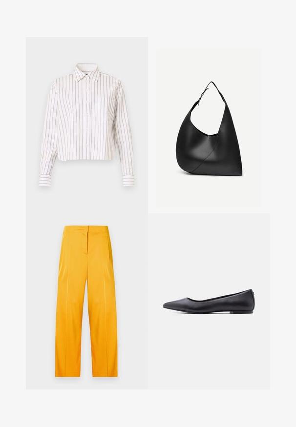 Chemise rayée blanche avec de fines rayures brunes. Elle a un col pointu, des manches longues et une poche poitrine. Longueur courte.; Pantalons large jaunes éclatants en tissu lisse, avec un design épuré comprenant des plis à l'avant et une taille plate.; Chaussure plate en cuir noire à bout pointu avec petit talon, vue de profil sur fond blanc.; Sac à épaule en cuir noir avec forme triangulaire incurvée, une seule sangle ajustable, et une couture diagonale visible à l'avant.