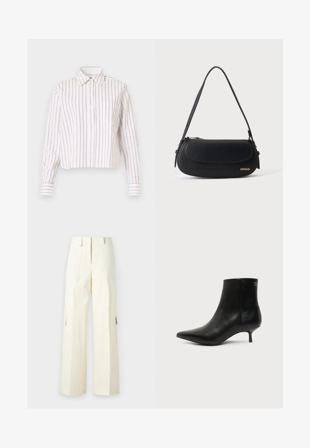 Chemise rayée blanche avec de fines rayures brunes. Elle a un col pointu, des manches longues et une poche poitrine. Longueur courte.; Pantalons cargo à jambes larges en tissu crème clair, dotés de poches à rabat, d'une taille haute et de fentes latérales pour un détail et une fonctionnalité supplémentaires.; Bottine en cuir noir avec bout pointu et petit talon kitten sur fond clair, vue côté extérieur.; Sac à épaule en cuir noir avec rabat incurvé, logo doré "HUGO" sur le devant, et une bandoulière réglable.