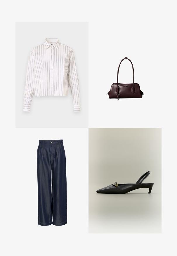 Gestreept overhemd in het wit met dunne bruine strepen. Heeft een puntige kraag, lange mouwen en een borstzak. Verkorte lengte.; Navyblauwe denim broeken met wijde pijpen en een hoge taille, met voorplooien en gouden stikselaccenten, een gladde textuur en een knoopsluiting.; Zwarte lederen slingback kitten heel met puntige neus en klein gouden gespsluiting op een effen achtergrond.; Donkerbruine leren Calvin Klein handtas met lange dubbele handvatten en een kleine logo-sierhanger die aan één handvat hangt.