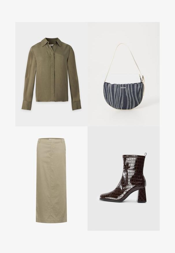 Langærmet olivengrøn bluse med krave og skjulte knapper foran på en lysegrå baggrund.; Beige linned midi nederdel med en flad talje, sidelommer og en lige silhuet, der har minimal syning og ingen synlig hardware.; Mørkebrun patentlæder ankelstøvle med krokodillemønster, blokhæl og trækstrop bagpå mod hvid baggrund.; Denim taske med en buet form, der har et navy og lyseblåt zebra-stribemønster, hvid strop og brandlogoet tydeligt præsenteret.