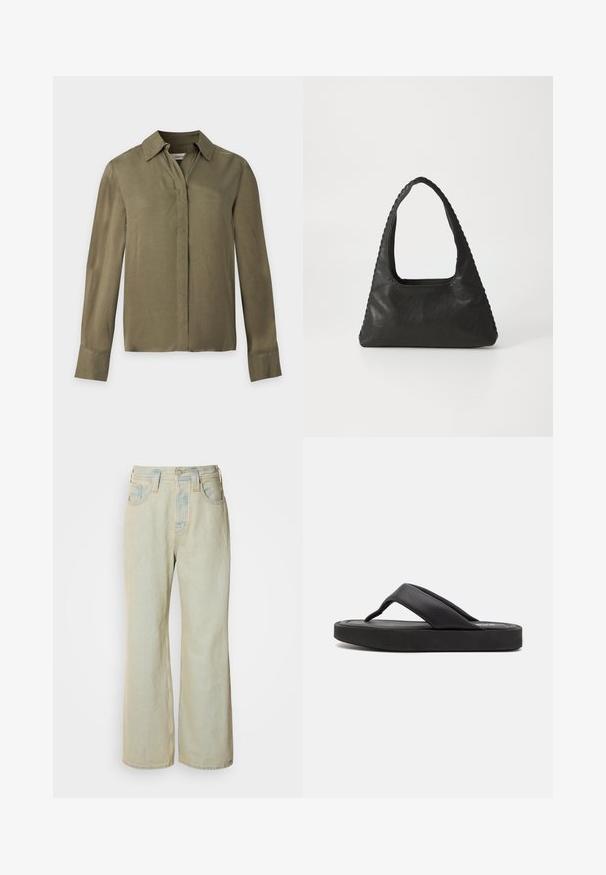 Blouse à manches longues vert olive avec un col et des boutons cachés devant sur fond gris clair.; Jean large bleu clair en denim, avec une taille haute, cinq poches, et un léger délavage avec des accents de couture contrastante.; Tongs noires avec une large lanière entre les orteils et une tige en synthétique douce. Dotées d'une semelle en caoutchouc épaisse avec une semelle intérieure texturée pour une meilleure adhérence.; Sac à main en cuir noir de forme triangulaire, avec une grande poignée découpée et des coutures détaillées le long des bords. Texture lisse.