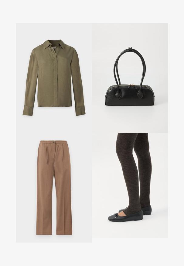 Blouse à manches longues vert olive avec un col et des boutons cachés devant sur fond gris clair.; Pantalons marron à jambes larges avec une taille élastique et une fermeture à bouton. Texture lisse avec un léger éclat et sans motifs visibles.; Jambes portant des leggings côtelés foncés associés à des ballerines noires avec de petits détails en nœud sur fond blanc.; Sac à main en cuir noir avec deux anses allongées, fermeture éclair et forme arrondie ; texture lisse avec une finition légèrement brillante.