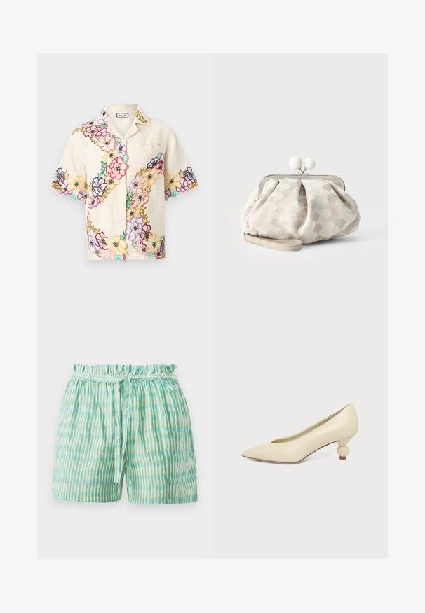 Chemise beige à manches courtes avec des motifs floraux brodés multicolores sur le devant, les manches et le col, boutonnée au centre.; Shorts légers avec une taille élastiquée froncée, ornés de rayures verticales alternées vertes et blanches, et munis d'une ceinture à nouer.; Chaussure femme couleur crème à bout pointu avec un petit talon rond en forme de boule, sur fond uni.; Petit sac pochette beige avec tissu texturé à pois, cadre argenté, fermoir rond blanc et bracelet de poignet amovible sur fond uni.