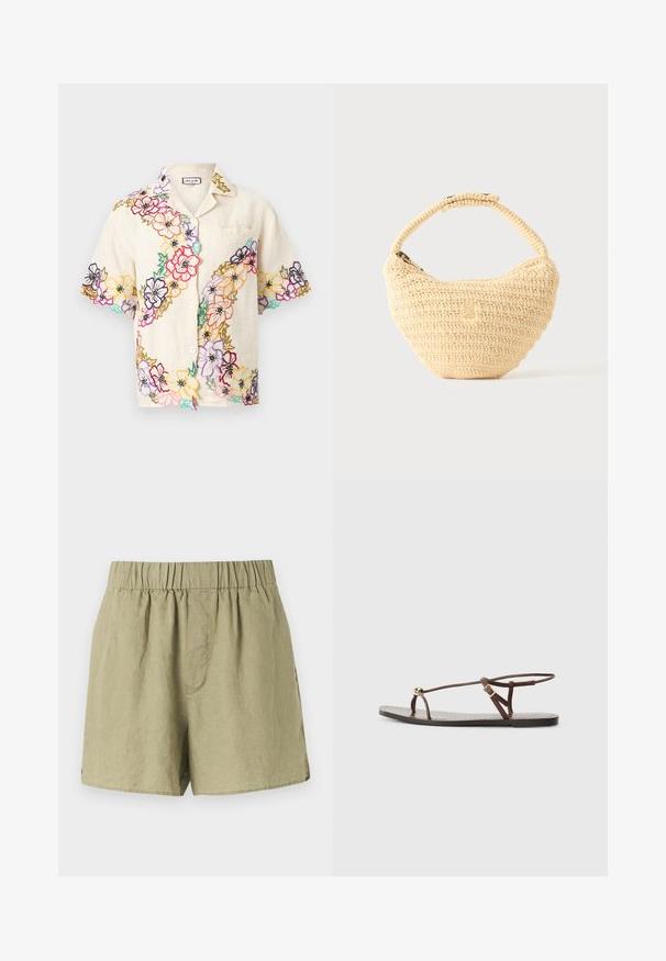Beige kortærmet skjorte med flerfarvede broderede blomsterpatter på forsiden, ærmerne og kraven, med knapper ned foran.; Lysgrønne linnedshorts med elastisk talje, sidelommer og afslappet pasform. Har et glat, let struktureret stof.; Brun lædersandal med tynde remme, en gylden cirkulær detalje og en flad sål. Minimalistisk design med en justerbar spændedetalje.; Beige vævet håndtaske med afrundet krop, lynlås, og en kort, tyk strop i en enkel, tekstureret hæklestil.
