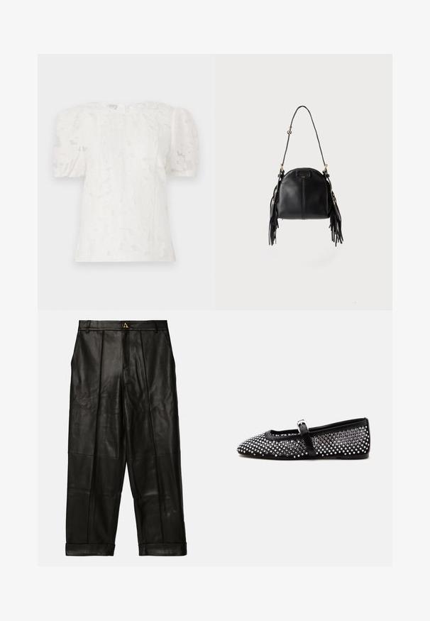 Hvid bluse med tekstureret stof, korte puffærmer, rund halsudskæring og et diskret blomstermønster. Bagtil med lynlåslukning.; AERON ZIMA PANTS - Skindbukser - black; Sort flad Mary Jane-sko med sølvfarvede runde nitter, der dækker overdelen, og en tynd rem med en lille sølvspænde.; Sort læderhåndtaske med en buet form, lang justerbar rem og frynser på begge sider mod en lys baggrund.