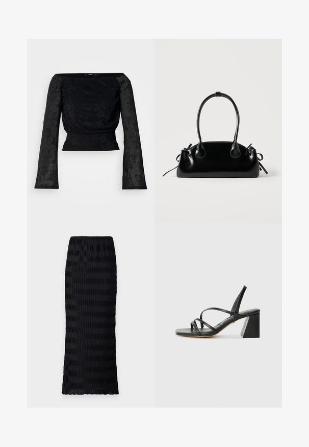 Haut noir à manches longues avec un motif floral texturé. Présente un corsage ajusté et des manches évasées, confectionné dans un matériau léger et transparent.; Jupe noire longueur genoux avec un design plissé texturé. Taille élastique, tissu lisse avec des rayures alternées mates et brillantes.; Sandales noires à talons avec un bout carré, présentant plusieurs fines bretelles et un talon bloc géométrique. Texture en cuir lisse et design minimaliste.; Petit sac à main noir brillant avec deux longues anses et des détails à cordon sur les côtés sur un fond clair uni.