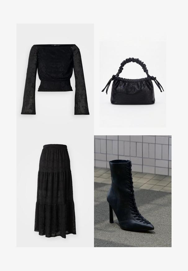 Haut noir à manches longues avec un motif floral texturé. Présente un corsage ajusté et des manches évasées, confectionné dans un matériau léger et transparent.; Jupe maxi noire en tissu texturé, avec un design à volants, une taille froncée et de subtils motifs ondulés sur l'ensemble.; Bottine noire en cuir à talon haut avec lacets à l'avant, bout pointu, posée sur l'asphalte près d'un mur carrelé.; Sac à main noir avec texture crocodile, bord supérieur froncé, poignée plissée et pompons à cordon de chaque côté sur fond blanc.