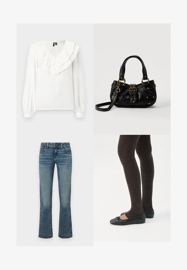 Weiße Bluse mit V-Ausschnitt und einem gerafften, geschichteten Kragen. Lange Ärmel mit elastischen Säumen, hergestellt aus einem leichten, strukturierten Stoff.; Blaue Denim-Jeans mit mittlerer Bundhöhe, Knopfverschluss, Vordertaschen und leicht ausgestellten Beinen mit ausgewaschenen Details.; Beine in dunklen, gerippten Leggings kombiniert mit schwarzen Ballerinas mit kleinen Schleifendetails auf weißem Hintergrund.; Schwarze Lederhandtasche mit goldener Schnalle und Nieten, kurzen Griffen und einem verstellbaren Schultergurt vor einem schlichten weißen Hintergrund.
