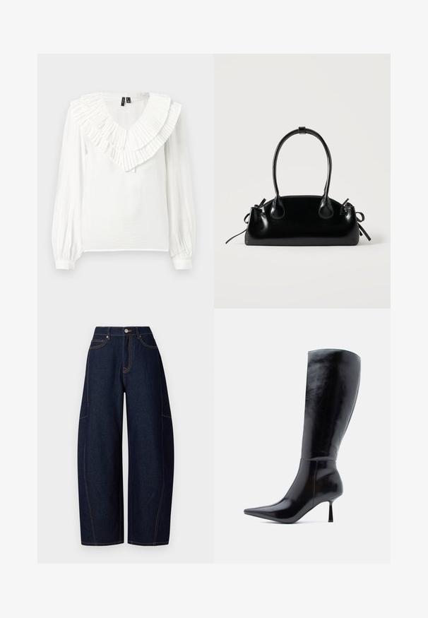Blouse blanche avec un décolleté en V et un col volanté en couches. Manches longues avec poignets élastiques, fabriquée dans un tissu léger et texturé.; Pantalons en denim bleu foncé à jambes larges avec des coutures orange contrastantes, cinq poches, et une fermeture à bouton et fermeture éclair à la taille.; Bottes noires à talons aiguilles montantes, avec une finition en cuir brillant, un bout pointu et un talon effilé, présentant une surface lisse et un design élégant.; Petit sac à main noir brillant avec deux longues anses et des détails à cordon sur les côtés sur un fond clair uni.