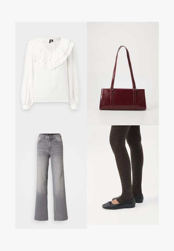 Blusa blanca con escote en V y un cuello de volantes en capas. Mangas largas con puños elásticos, confeccionada en una tela ligera y texturizada.; Vaqueros de mezclilla gris de pernera recta y cintura alta, con botón y cremallera frontales, bolsillos delanteros y traseros, y efectos de desvanecimiento en los muslos y las pantorrillas.; Piernas con leggings oscuros acanalados combinados con bailarinas negras que presentan pequeños detalles de lazo sobre un fondo blanco.; Bolso burdeos hecho de material brillante, de forma rectangular, con dos asas para el hombro y sutiles acentos curvados en la parte frontal.