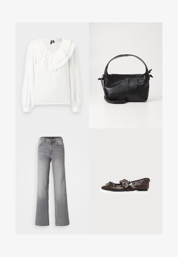 Hvid bluse med V-udskæring og en flæset, lagdelt krave. Lange ærmer med elastiske manchetter, lavet af et let, tekstureret stof.; Højtaljede grå denim jeans med lige ben, med frontknap og lynlås, foran og bagpå lommer, samt nedtoning på lår og lægge.; Mørkebrune lædersko med flad sål og spids snude, dobbelt sølvsnørrebånd, metaløjer og dekorativ sløjfe foran.; Sort læderhåndtaske med et struktureret design, rund tophåndtag og aftagelig skulderrem. Den har en glat tekstur og en subtil glans.