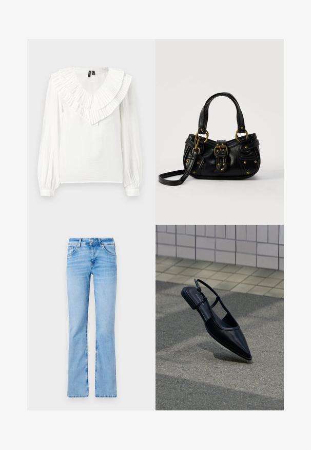 Weiße Bluse mit V-Ausschnitt und einem gerafften, geschichteten Kragen. Lange Ärmel mit elastischen Säumen, hergestellt aus einem leichten, strukturierten Stoff.; Hellblaue, ausgestellte Jeans aus Denim mit fünf Taschen, einem Knopfverschluss und Gürtelschlaufen, die verblasste Stellen und eine glatte Textur aufweisen.; Schwarzer, spitz zulaufender Slingback-Flachschuh, der über einer Asphaltfläche neben einem gefliesten Bürgersteig schwebt.; Schwarze Lederhandtasche mit goldener Schnalle und Nieten, kurzen Griffen und einem verstellbaren Schultergurt vor einem schlichten weißen Hintergrund.