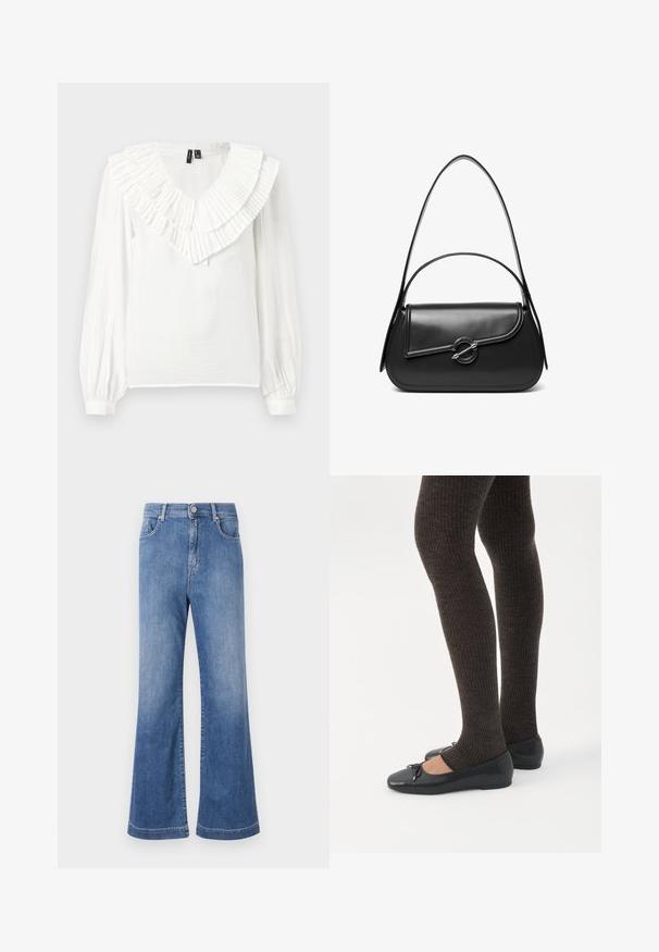 Blouse blanche avec un décolleté en V et un col volanté en couches. Manches longues avec poignets élastiques, fabriquée dans un tissu léger et texturé.; Jeans en denim bleu clair évasés avec une taille haute, cinq poches et un léger dégradé. Hems cousus et fermeture à bouton standard.; Jambes portant des leggings côtelés foncés associés à des ballerines noires avec de petits détails en nœud sur fond blanc.; Sac à bandoulière en cuir noir avec un rabat incurvé fermé par un fermoir métallique rond et une sangle fine et ajustable.