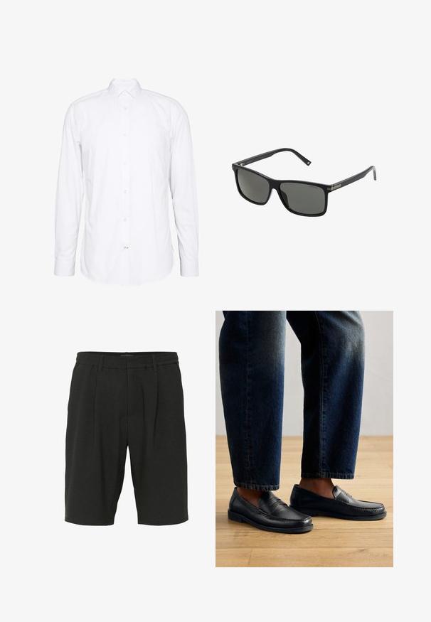 Camisa blanca de manga larga hecha de algodón. Presenta un cuello, cierre frontal con botones y puños con un solo botón. Textura suave, diseño limpio.; Pantalones cortos negros hechos de tejido texturizado, con un corte relajado, pliegues y una cinturilla elástica para mayor comodidad.; Mocasines de cuero negro con detalles de costura y acentos texturizados, combinados con denim oscuro, mostrando un diseño casual y estilizado.; Gafas de sol de plástico negro con lentes rectangulares, lentes polarizadas y acentos metálicos en el marco para mayor durabilidad.