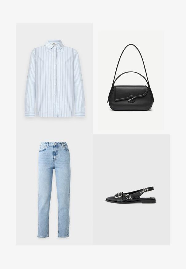 Hellblaues, langärmliges Hemd mit Knopfleiste, dünnen vertikalen dunkelblauen und roten Streifen sowie spitzem Kragen, flach auf einem weißen Hintergrund liegend.; Hellblaue High-Waist Straight-Leg Jeans mit Knopf- und Reißverschluss vorne, Vorder- und Gesäßtaschen, auf weißem Hintergrund dargestellt.; Schwarzer Leder-Slingback-Schuh mit spitzer Zehe, zwei silbernen Schnallen und einem niedrigen Blockabsatz. Mit strukturiertem Obermaterial und offener Ferse.; Schwarze Lederhandtasche mit abgerundeten Kanten, asymmetrischem Überschlag, metallfarbenem runden Verschluss und kurzen sowie langen Schulterriemen.