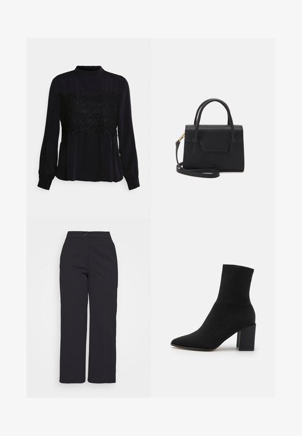 Pieces Petite PCKAMILLA - Blusa - black; Pantalones de pierna ancha negros, confeccionados en una tela suave, con cierre de botón y un diseño limpio y ajustado, sin bolsillos visibles.; Botín negro de tobillo hecho de tejido elástico, con punta afilada y tacón cuadrado, con ribetes en la parte superior.; Bolso estructurado negro de cuero con un asa superior, correa de hombro desmontable y un detalle de tapa en la parte frontal. Acentos en dorado.