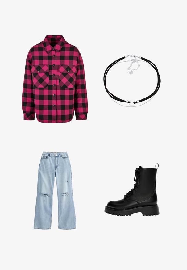 Rød- og sort plaid skjorte med lange ærmer, spids krave og to brystlommer. Har sorte knapper og en afslappet pasform.; Lyseblå, vide jeans i denim med slidte revner på lårene, høj talje og standard fem-lomme design.; Sorte snørebånd ankelstøvler lavet af syntetisk læder, med en kraftig sål, trækstrop og fremtrædende syninger.; Elli CHOKER - Halskæder - silberfarben