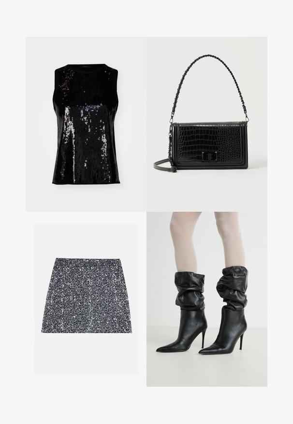 Haut noir sans manches orné de sequins, présentant une texture brillante et un design ajusté. Encolure ronde sans fermetures visibles.; Mini-jupe en sequins argentés avec un motif texturé et une coupe droite. Le tissu semble brillant et réfléchissant.; Bottines en cuir noir avec un design décontracté, bout pointu et talon aiguille haut, avec une finition douce et texturée autour du col.; Sac bandoulière en cuir noir à texture crocodile, de forme rectangulaire, avec une bandoulière ornée de chaînes et une fermeture à tourniquet à l'avant.