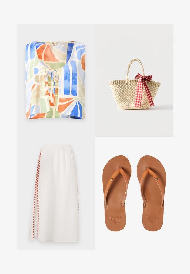 Kortærmet bluse i let stof med et farverigt abstrakt mønster. Farverne inkluderer blå, grøn, orange og creme med en bindedetalje.; Hvid nederdel med elastisk talje, prydet med et rødt ternet mønster i den ene side. Letvægtsstof med en glat tekstur.; Brune syntetiske klipklapper med orange stropper, tekstureret overflade og præget hjerte-logo detalje på sålen.; Flettet stråtaske med fletninger til håndtagene og et rødt og hvidternet bånd bundet som en sløjfe på den ene side.