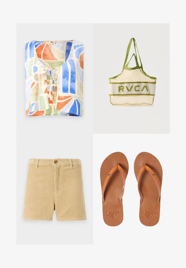 Kortærmet bluse i let stof med et farverigt abstrakt mønster. Farverne inkluderer blå, grøn, orange og creme med en bindedetalje.; Khaki corduroy shorts med et tekstureret ribbet mønster, med frontlukning med knap og to sidelommer. Klassisk lige snit design.; Brune syntetiske klipklapper med orange stropper, tekstureret overflade og præget hjerte-logo detalje på sålen.; Beige net-taske med olivengrøn kant og håndtag, der har "RVCA" logo på midterpanelet mod en ensfarvet baggrund.
