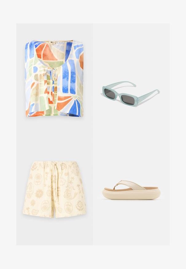 Kortærmet bluse i let stof med et farverigt abstrakt mønster. Farverne inkluderer blå, grøn, orange og creme med en bindedetalje.; Kremfarvede elastiske shorts med talje og snøre, dekoreret med beige abstrakte mønstre af sol, måne, muslingeskal og havfrue.; Beige flip-flop sandal med en bred tåstrop og en tyk, rund sål. Har et glat overmateriale og en kontrasterende brun fodseng.; Et par rektangulære solbriller med lyseblå gennemsigtige stel og mørkegrå linser, der har lige templer og minimale hardware detaljer.