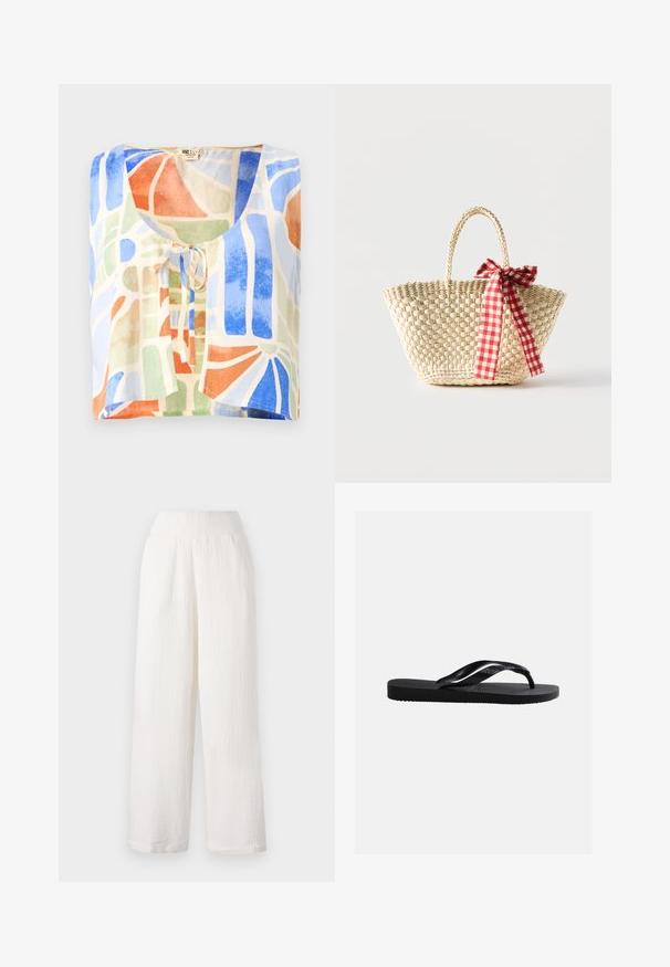 Kortærmet bluse i let stof med et farverigt abstrakt mønster. Farverne inkluderer blå, grøn, orange og creme med en bindedetalje.; Hvide bukser med vidde i benene og en tekstureret, krøllet stof. Har et elastisk liv og sidelommer for bekvemmelighed.; Sort gummiplip-flops sandal med tekstureret sål og glatte remme, sidevisning på en ensfarvet lys grå baggrund.; Flettet stråtaske med fletninger til håndtagene og et rødt og hvidternet bånd bundet som en sløjfe på den ene side.