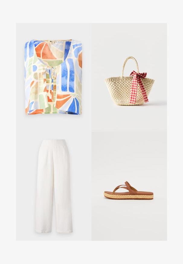 Kortærmet bluse i let stof med et farverigt abstrakt mønster. Farverne inkluderer blå, grøn, orange og creme med en bindedetalje.; Hvide bukser med vidde i benene og en tekstureret, krøllet stof. Har et elastisk liv og sidelommer for bekvemmelighed.; Brun flip-flop sandal med dobbel rem i tekstureret materiale, med en espadrille-lignende vævet mellemsål og en gummisål.; Flettet stråtaske med fletninger til håndtagene og et rødt og hvidternet bånd bundet som en sløjfe på den ene side.