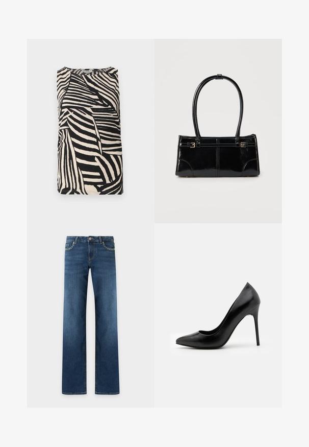 Mouwloos aangesloten top met zwart-wit abstract zebraprint en ronde hals, gelabeld JDY maat small.; Donkerblauwe rechte jeans met vijf zakken, metalen knoopsluiting en kleine zilverkleurige studs langs de randen van de voorzakken.; Zwarte leren high heel pump met een spitse neus en een gladde textuur. Kenmerkt zich door een slanke stilettohak en een laag uitgesneden vamp ontwerp.; Glanzend zwart rechthoekig handtasje met twee dunne schouderbanden en kleine gouden gespsdetails aan de voorkant.