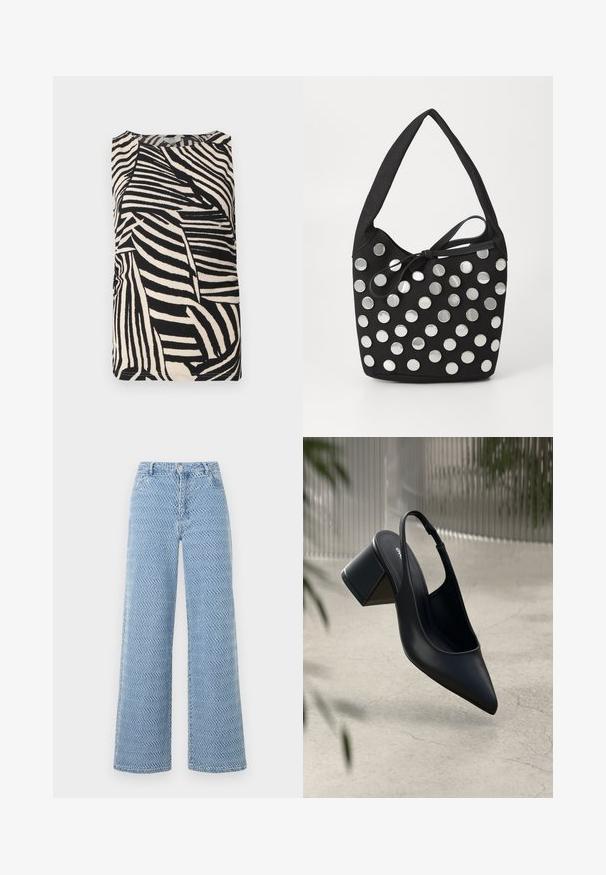 Top ajustado sin mangas con estampado abstracto de rayas de cebra en blanco y negro y escote redondo, etiquetado JDY talla pequeña.; Vaqueros de pierna ancha de talle alto en azul claro con un patrón texturizado ondulado, botón delantero, cremallera y trabillas para cinturón.; Zapato de tacón slingback de cuero negro con punta afilada y tacón cuadrado. Textura suave, diseño minimalista y correa ajustable en el tobillo.; Bolso de tela negro con forma redondeada, adornado con tachuelas metálicas circulares plateadas dispuestas en un patrón, y un detalle de tela atado.